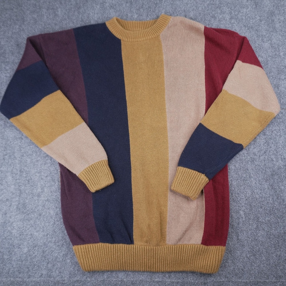 VTG Saddlebred Colorblock Sweater Mens Medium Gold Burgundy Navy Vertical Stripe - Picture 6 of 6